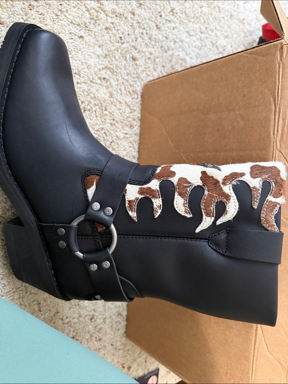 Black Cowboy Harness Boot with Brown & White Haircalf Accent
